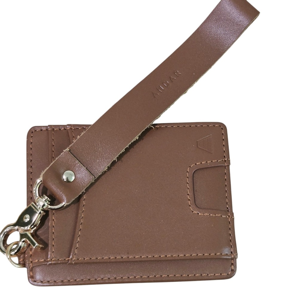 Andar The Denner Leather Wristlet ID Holder Wallet Cognac Brown Card pull RFID